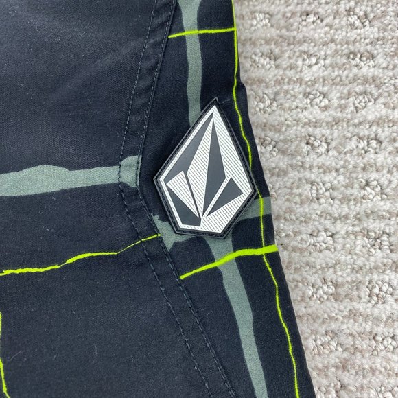VOLCOM Swim Trunks Men 30 Black Neon Green Plaid MAGU Board Shorts Swimming Suit - Picture 2 of 12